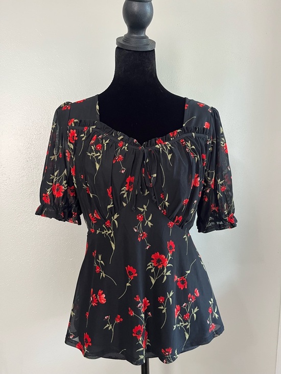 Ember Tops - Black Floral Puff-Sleeve Babydoll Peasant Blouse